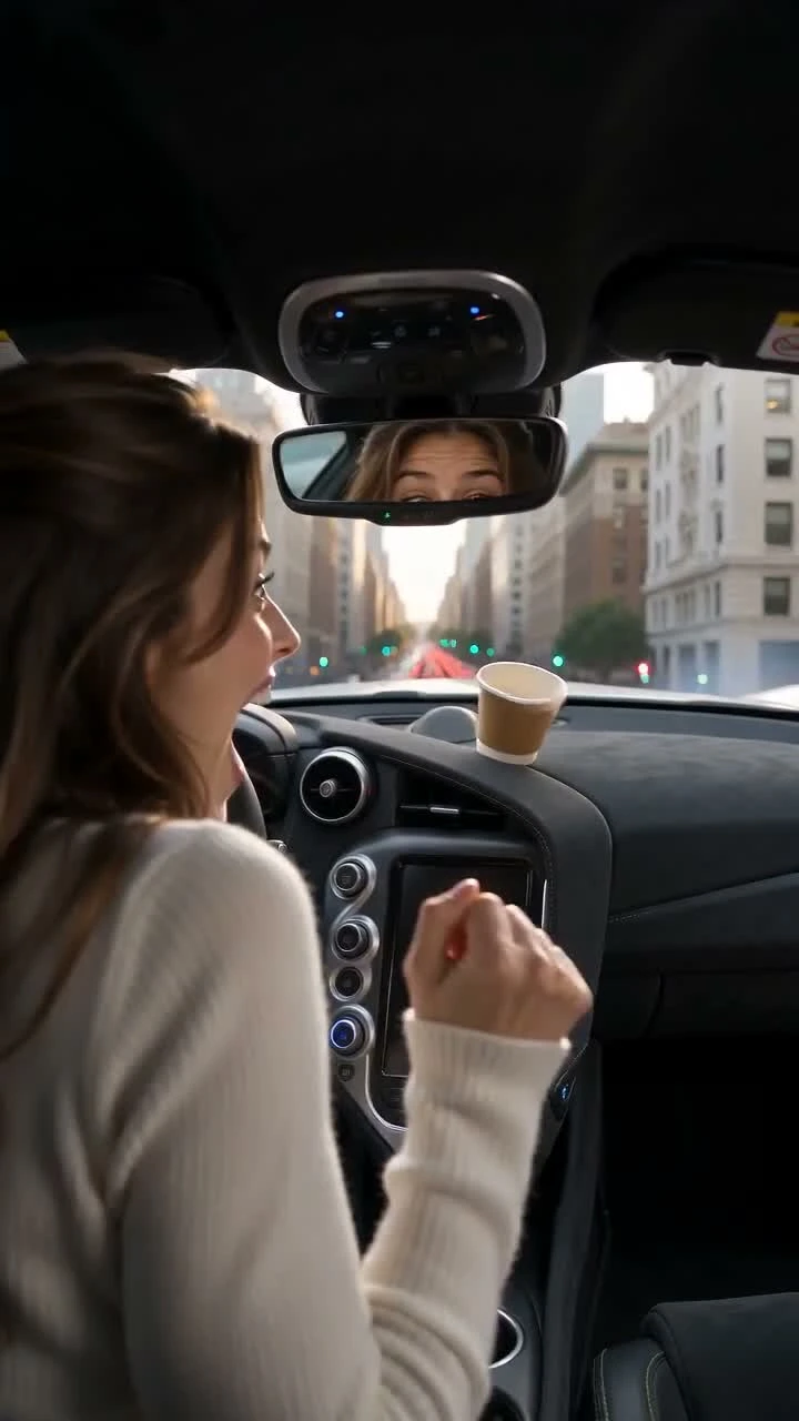 Frame from the example video: the woman from the portrait in the driver's seat